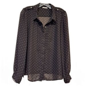 Halogen sheer lightweight button-up blouse top shirt black white polka-dots sz M